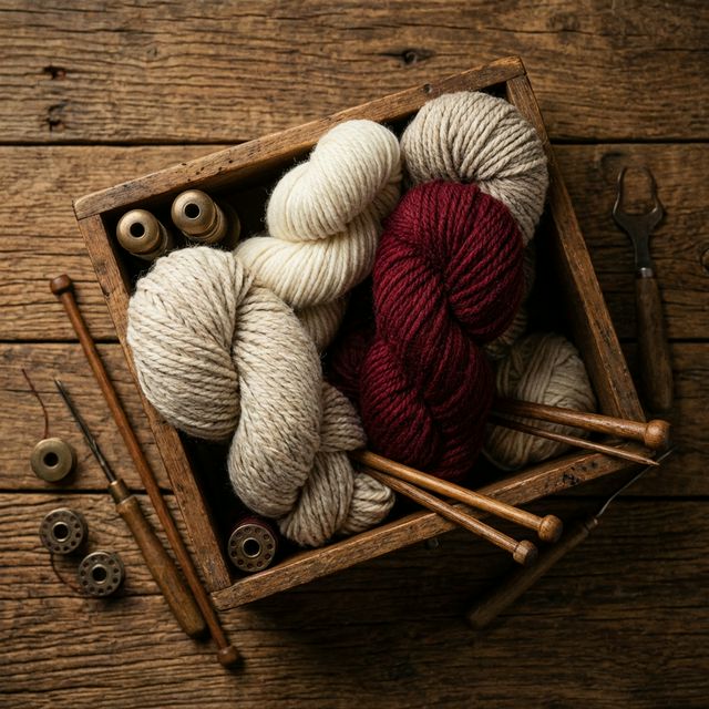 Wooden box with knitting yarn and needles